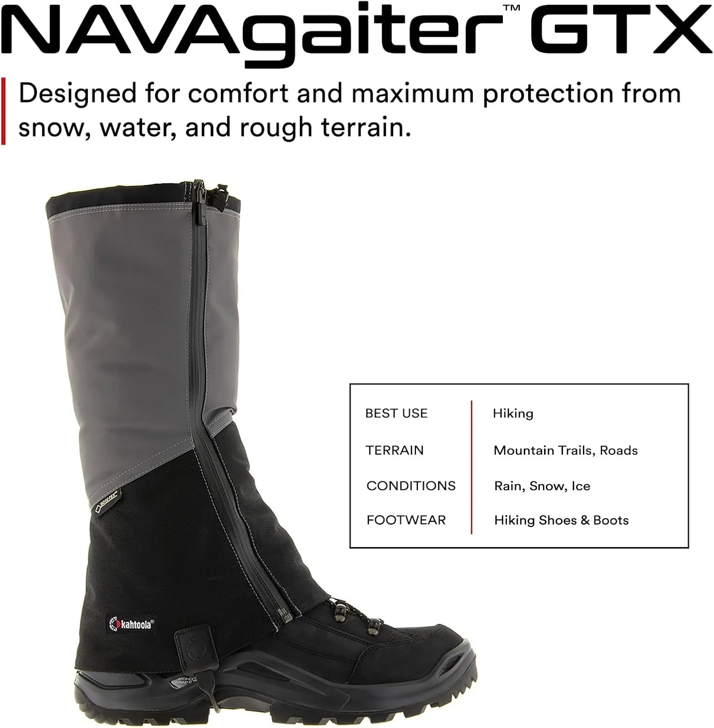 Kahtoola NAVAgaiter Tall GTX Gaiters I Waterproof Gore-TEX Boot Protection for Mountaineering, Hunting, Off-Trail Hiking in Mud, Snow & Ice