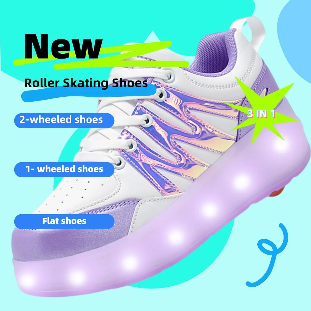Kids Roller Shoes 4 Wheels 16 LED Model Rechargeable Colorful Girls Boys Sneaker Retractable Wheels Skateboarding Shoes for Beginner Christmas Best Gift 3.5