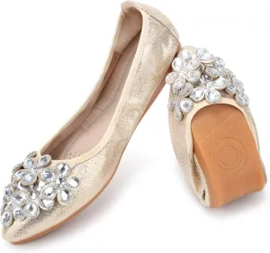 Kosseco Women's Ballet Flats,Pointed Toe Collapsible Rhinestones Shiny Rhinestone Comfort Slip-On Flats