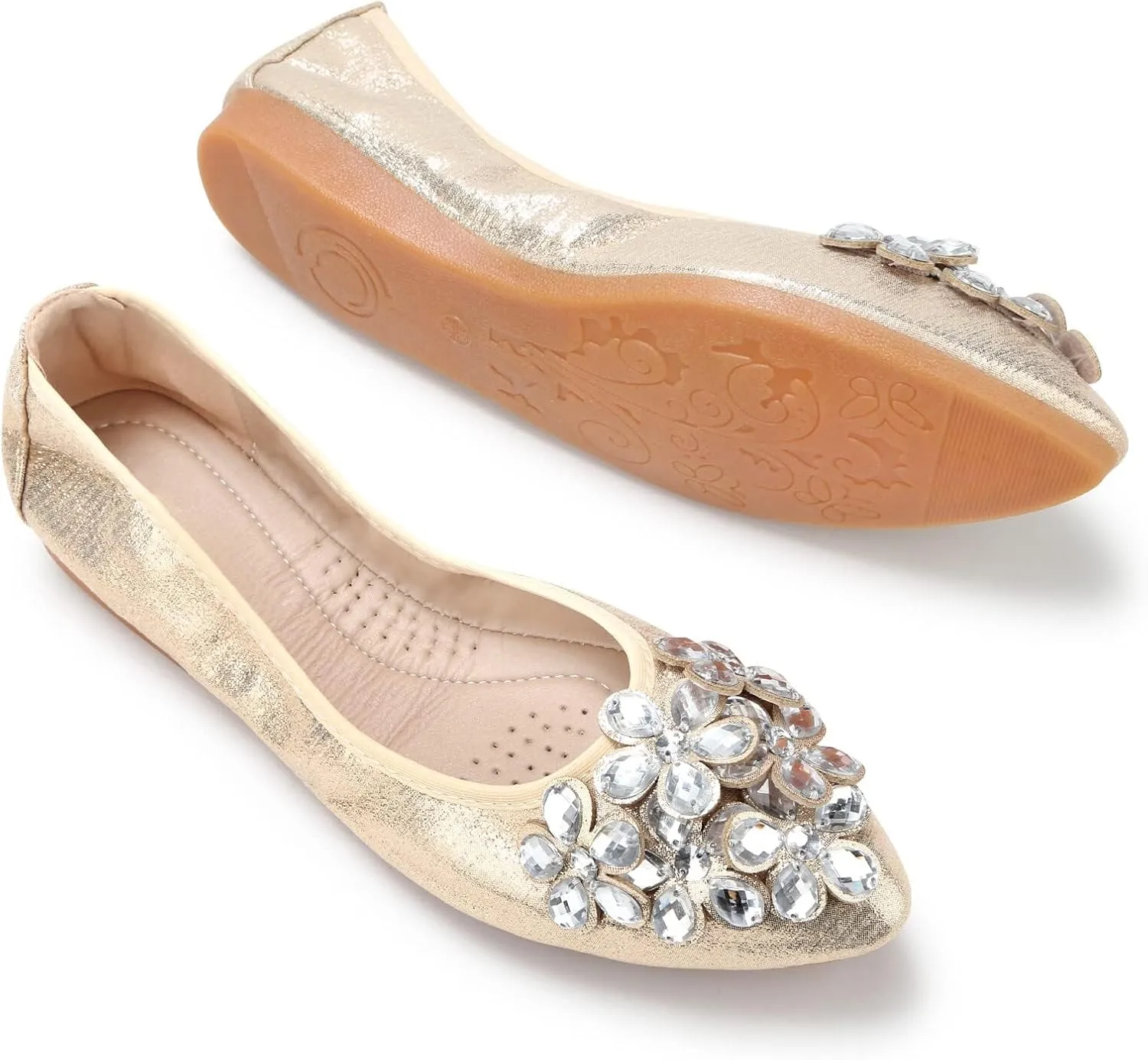 Kosseco Women's Ballet Flats,Pointed Toe Collapsible Rhinestones Shiny Rhinestone Comfort Slip-On Flats