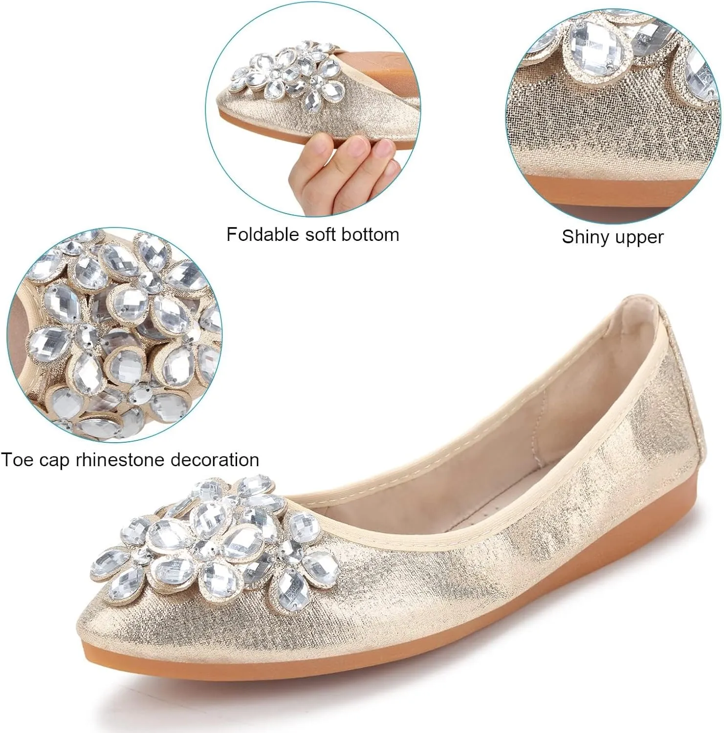 Kosseco Women's Ballet Flats,Pointed Toe Collapsible Rhinestones Shiny Rhinestone Comfort Slip-On Flats
