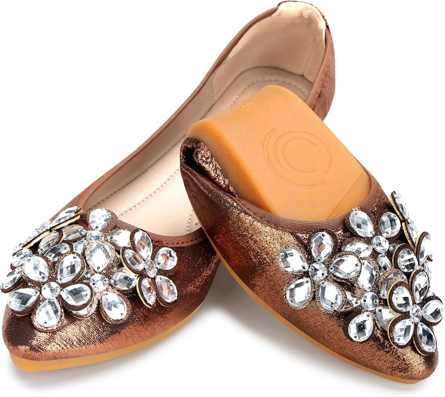 KUNWFNIX Women Ballet Flats Rhinestone Wedding Ballerina Shoes Foldable Sparkly Comfort Slip on Flat Shoes