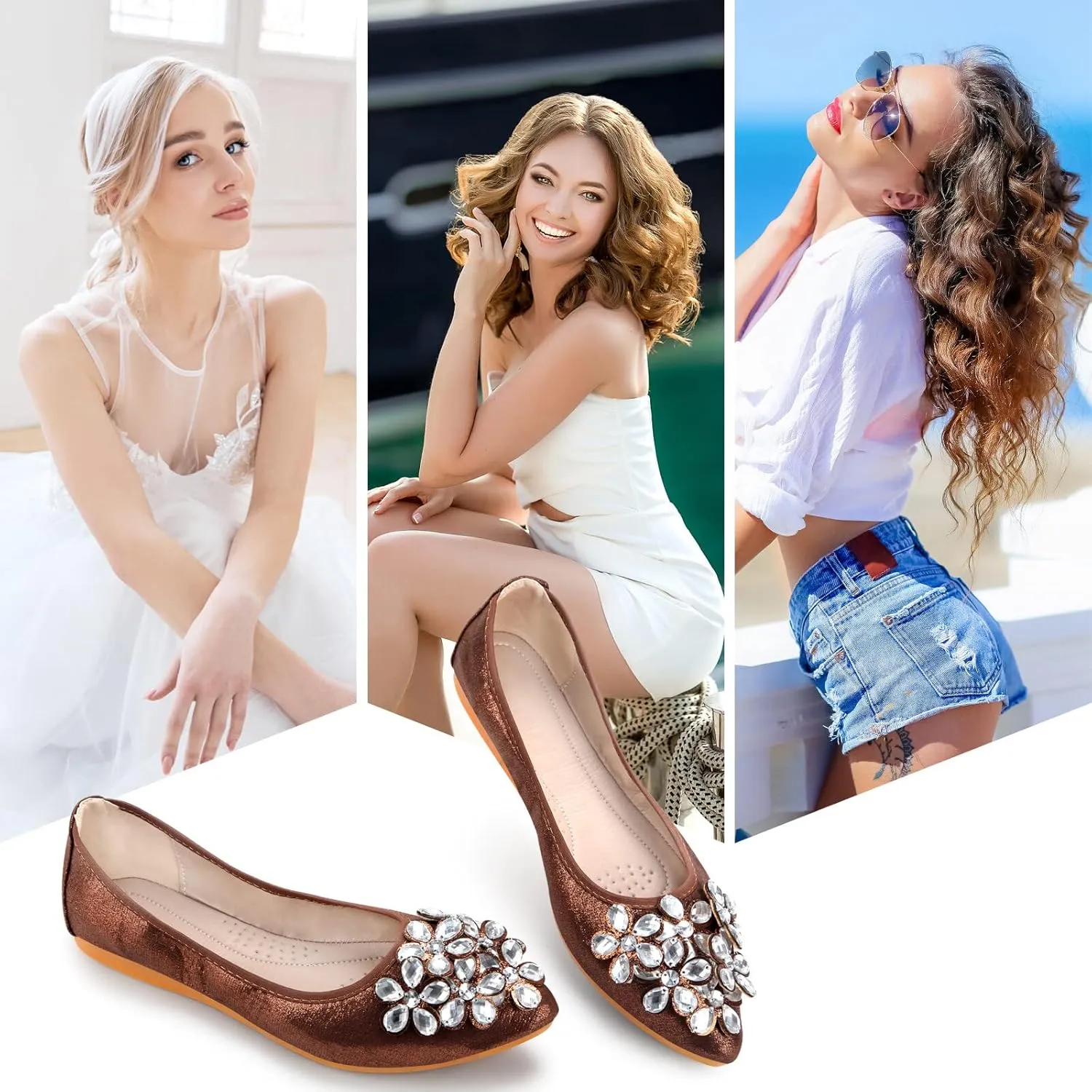 KUNWFNIX Women Ballet Flats Rhinestone Wedding Ballerina Shoes Foldable Sparkly Comfort Slip on Flat Shoes