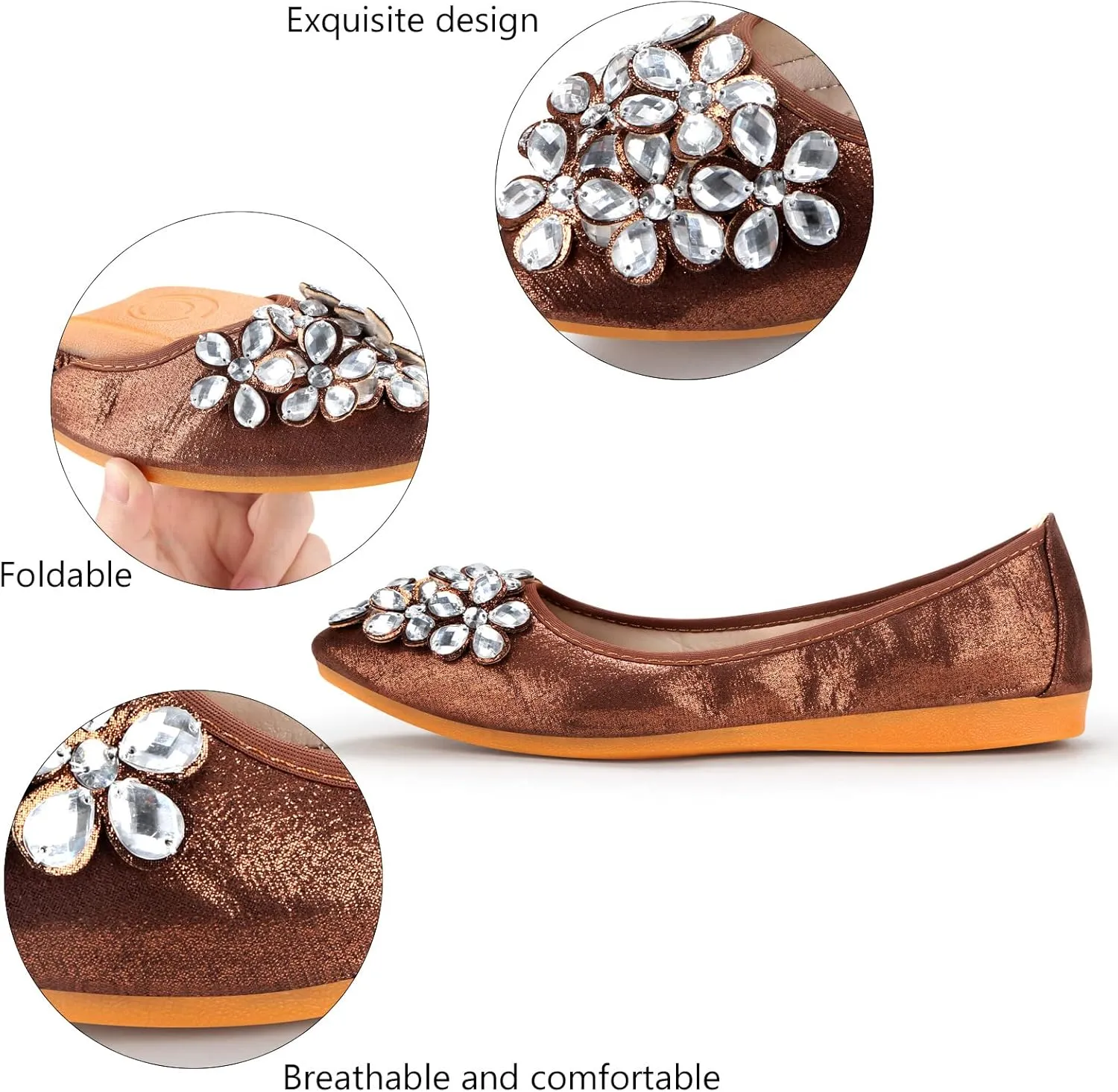 KUNWFNIX Women Ballet Flats Rhinestone Wedding Ballerina Shoes Foldable Sparkly Comfort Slip on Flat Shoes