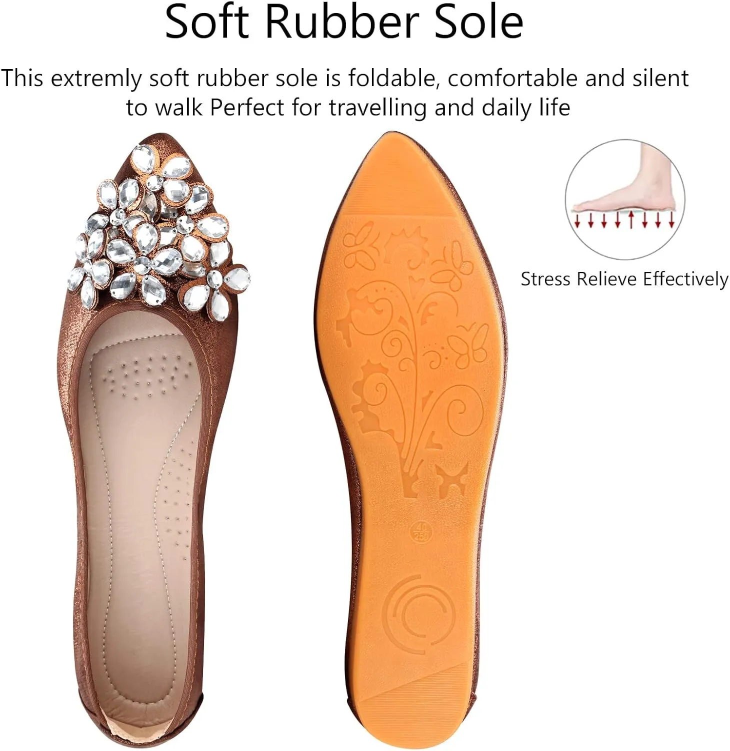 KUNWFNIX Women Ballet Flats Rhinestone Wedding Ballerina Shoes Foldable Sparkly Comfort Slip on Flat Shoes