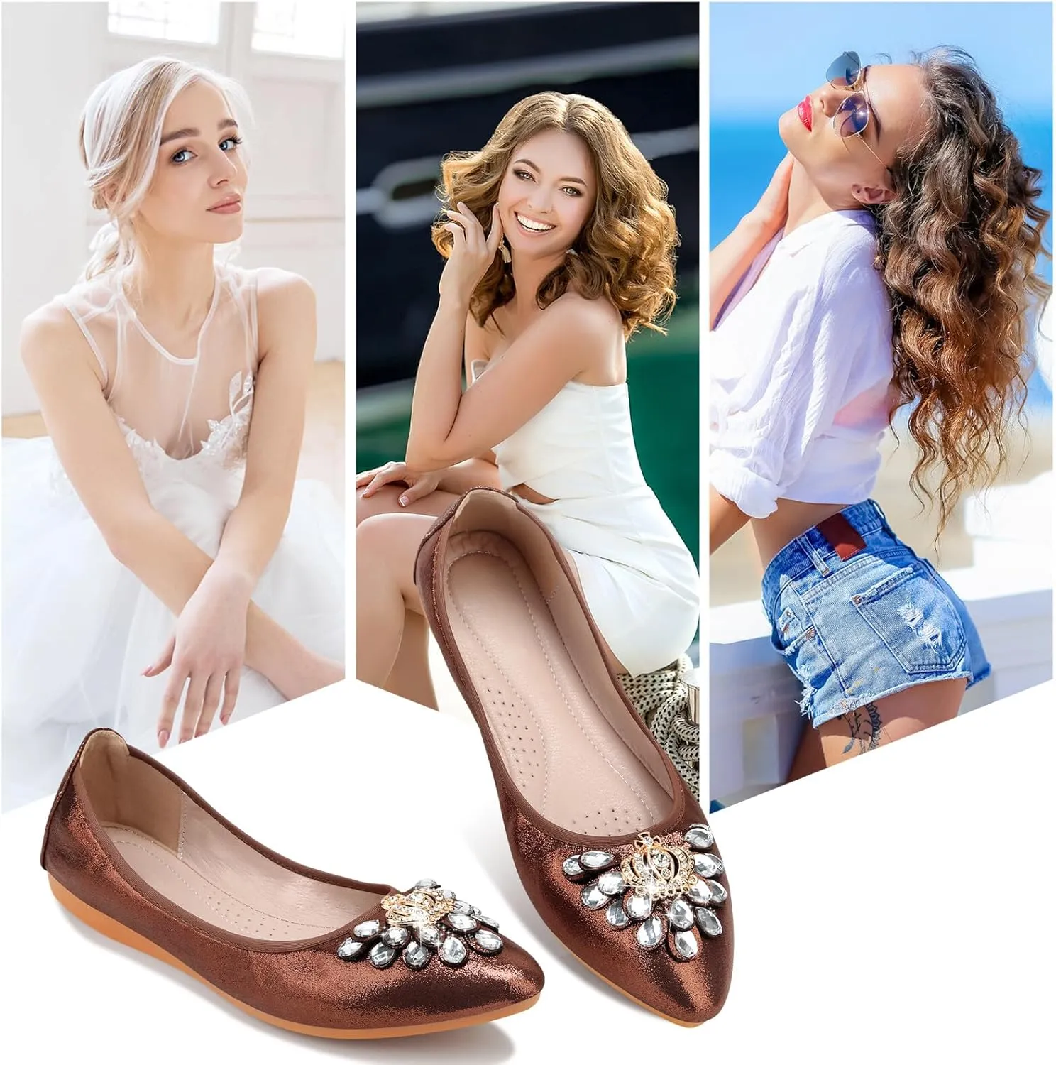 KUNWFNIX Women's Ballet Flats Foldable Classic Crown Rhinestone Slip On Flowers PU Leather Pointed Toe Comfort Flat Casual Dress Shoes