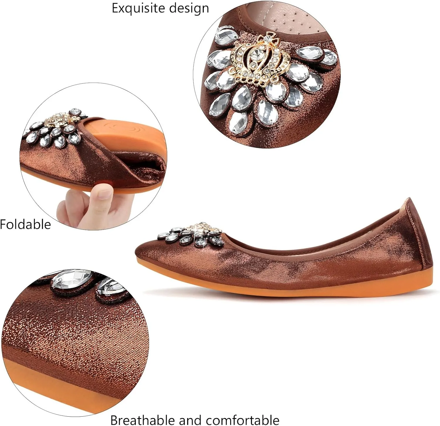 KUNWFNIX Women's Ballet Flats Foldable Classic Crown Rhinestone Slip On Flowers PU Leather Pointed Toe Comfort Flat Casual Dress Shoes