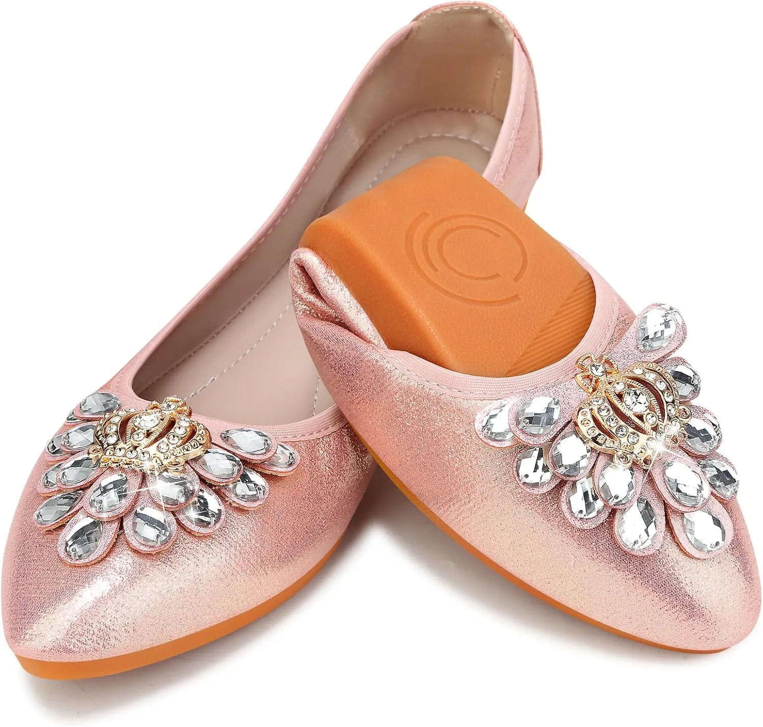 KUNWFNIX Women's Ballet Flats Foldable Classic Crown Rhinestone Slip On Flowers PU Leather Pointed Toe Comfort Flat Casual Dress Shoes