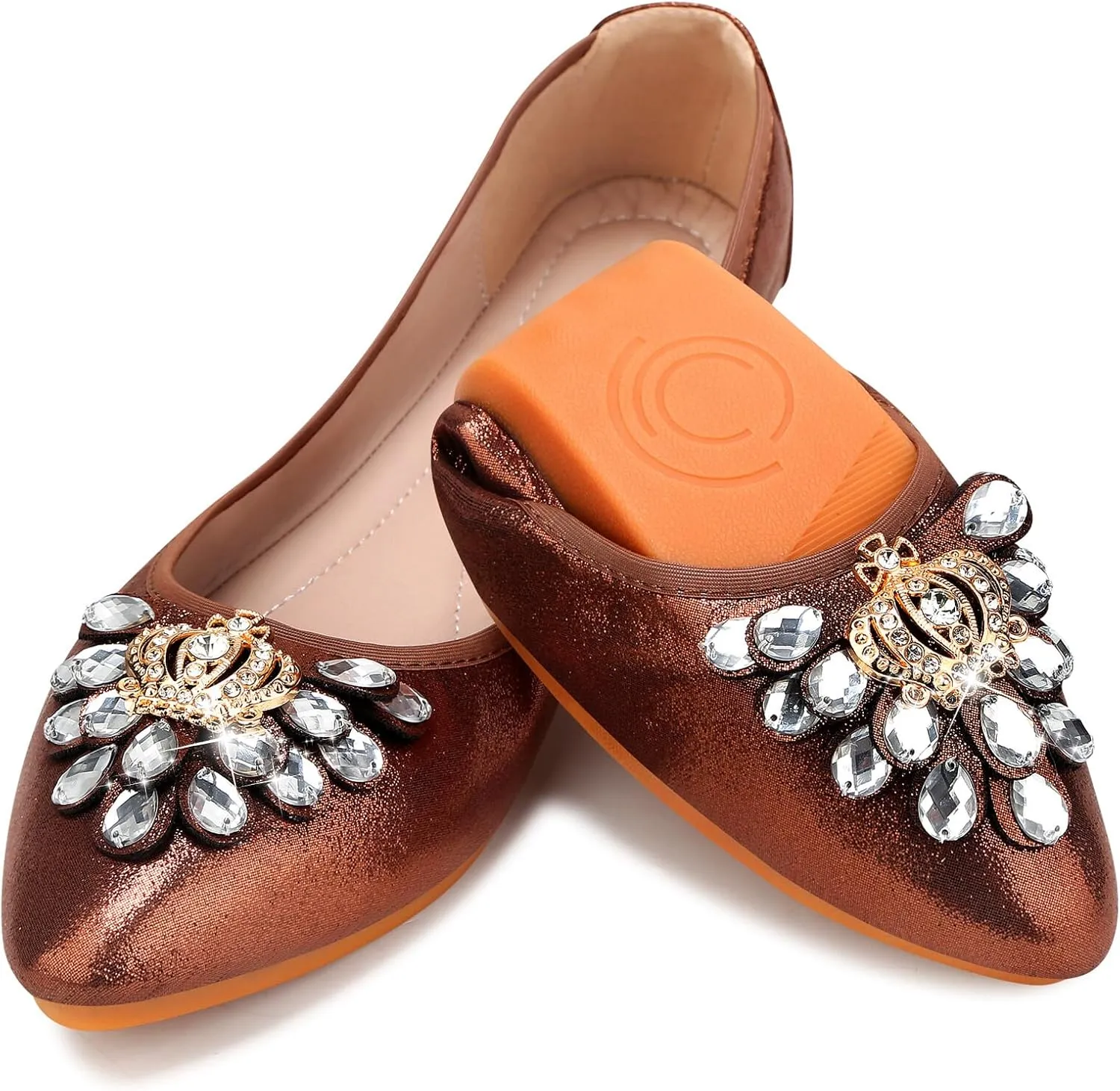KUNWFNIX Women's Ballet Flats Foldable Classic Crown Rhinestone Slip On Flowers PU Leather Pointed Toe Comfort Flat Casual Dress Shoes