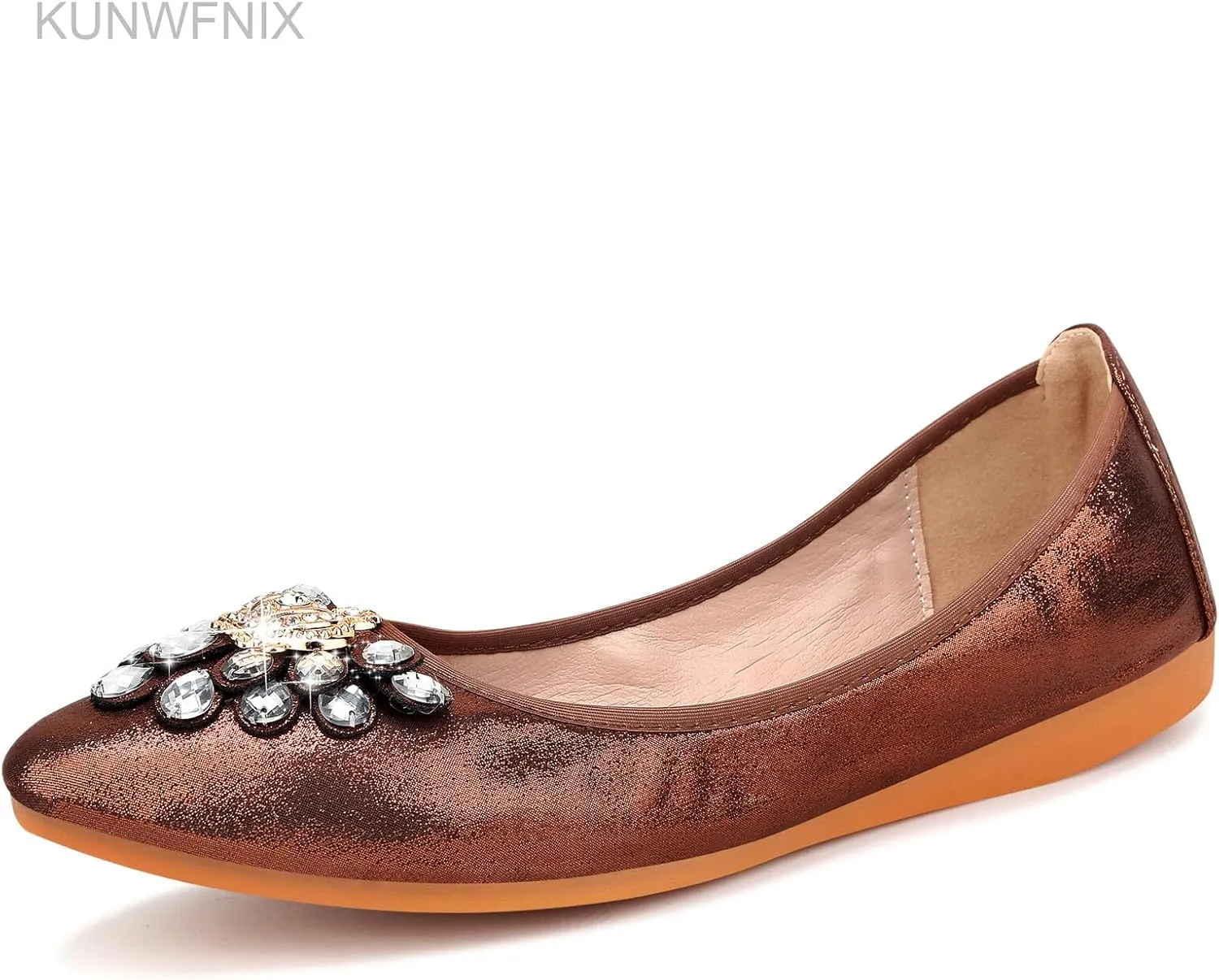 KUNWFNIX Women's Ballet Flats Foldable Classic Crown Rhinestone Slip On Flowers PU Leather Pointed Toe Comfort Flat Casual Dress Shoes