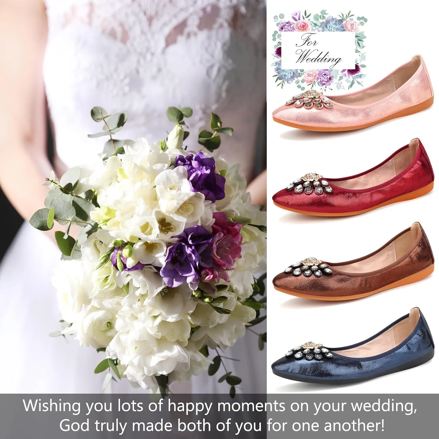 KUNWFNIX Women's Ballet Flats Foldable Classic Crown Rhinestone Slip On Flowers PU Leather Pointed Toe Comfort Flat Casual Dress Shoes