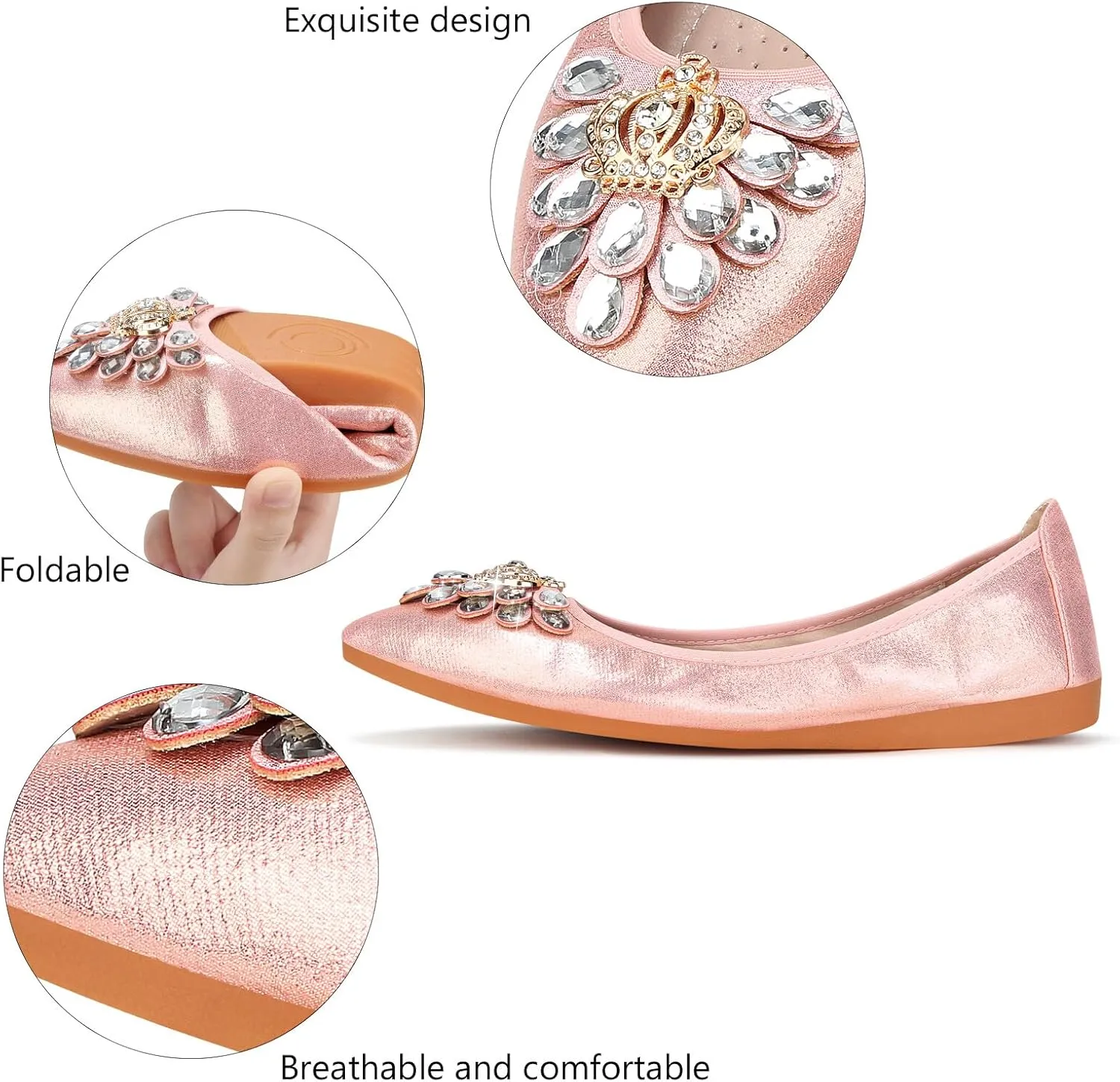 KUNWFNIX Women's Ballet Flats Foldable Classic Crown Rhinestone Slip On Flowers PU Leather Pointed Toe Comfort Flat Casual Dress Shoes
