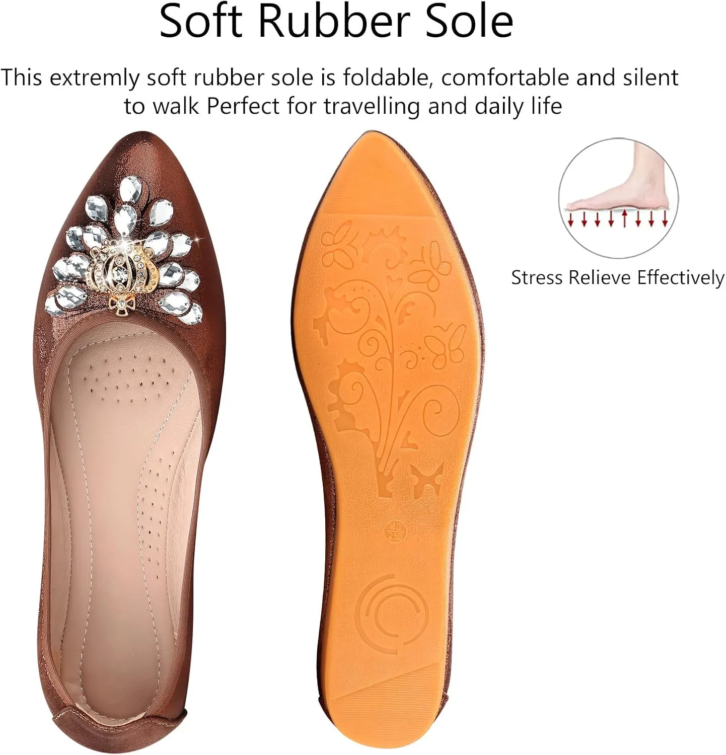 KUNWFNIX Women's Ballet Flats Foldable Classic Crown Rhinestone Slip On Flowers PU Leather Pointed Toe Comfort Flat Casual Dress Shoes
