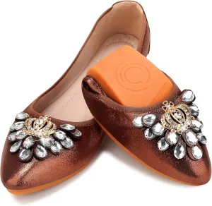 KUNWFNIX Women's Ballet Flats Foldable Classic Crown Rhinestone Slip On Flowers PU Leather Pointed Toe Comfort Flat Casual Dress Shoes