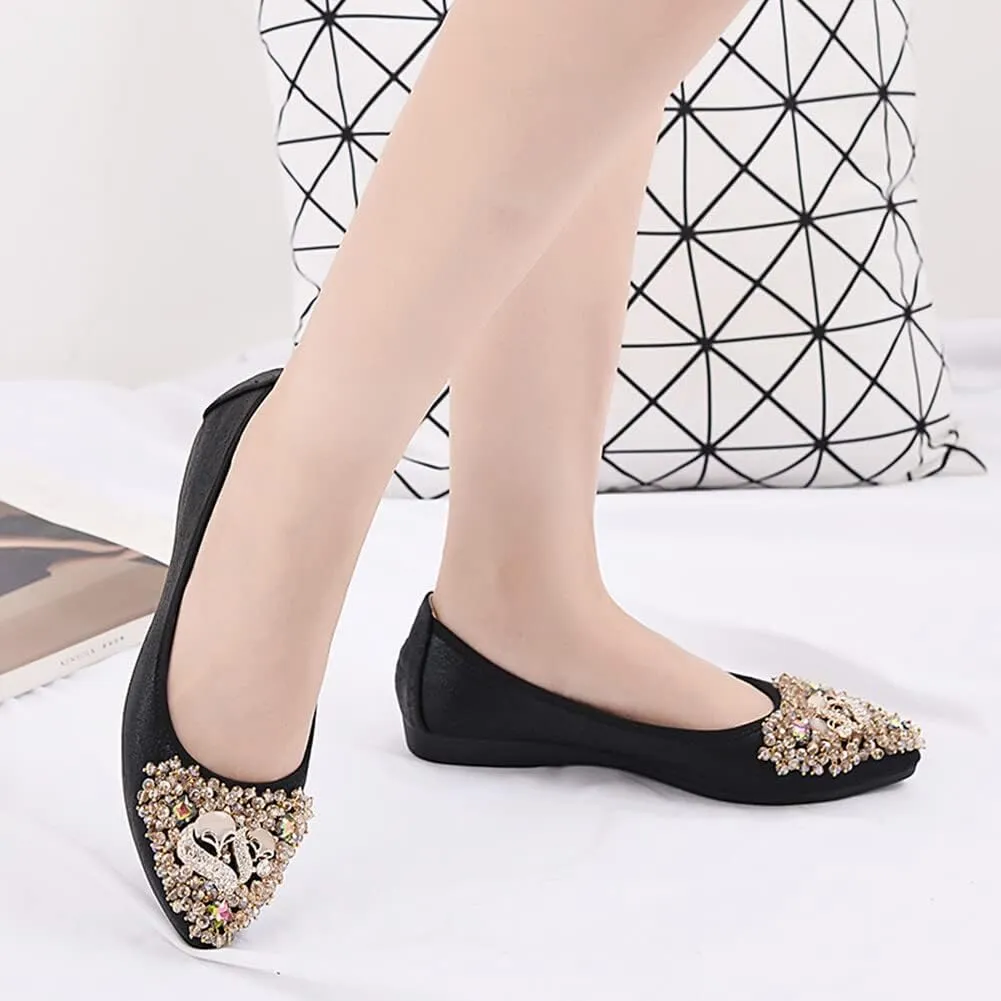 KUNWFNIX Women's Ballet Flats Foldable Classic Crown Rhinestone Slip On Flowers PU Leather Pointed Toe Comfort Flat Casual Dress Shoes