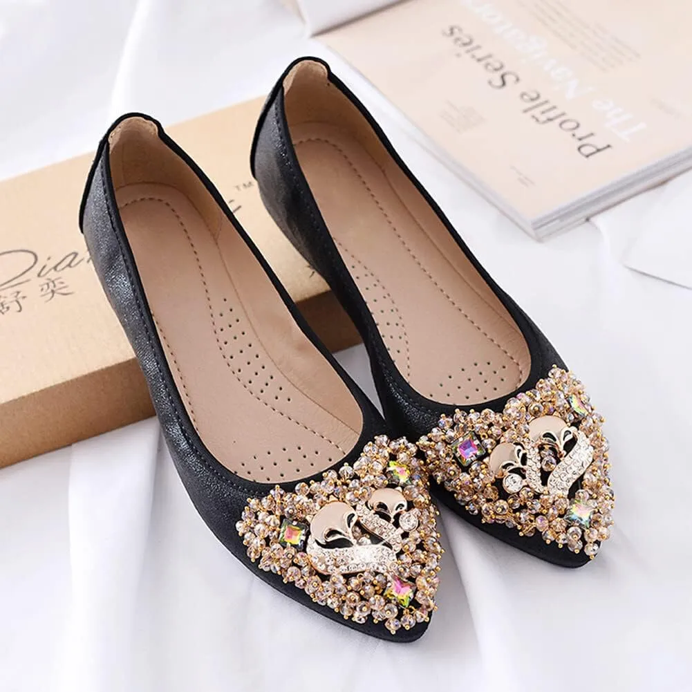 KUNWFNIX Women's Ballet Flats Foldable Classic Crown Rhinestone Slip On Flowers PU Leather Pointed Toe Comfort Flat Casual Dress Shoes