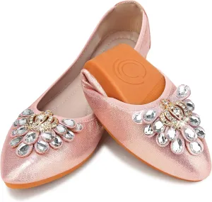 KUNWFNIX Women's Ballet Flats Foldable Classic Crown Rhinestone Slip On Flowers PU Leather Pointed Toe Comfort Flat Casual Dress Shoes