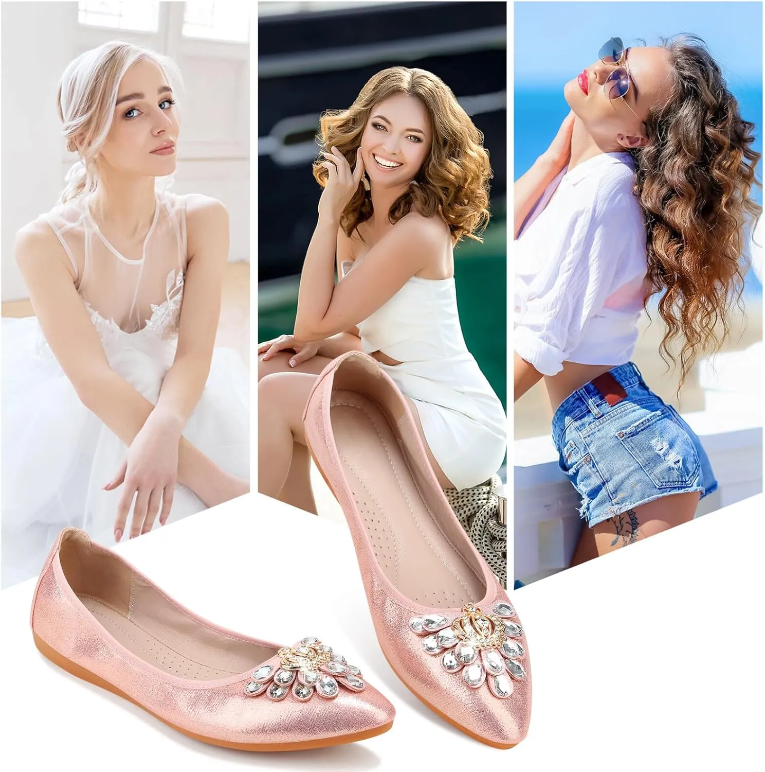 KUNWFNIX Women's Ballet Flats Foldable Classic Crown Rhinestone Slip On Flowers PU Leather Pointed Toe Comfort Flat Casual Dress Shoes