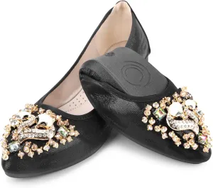 KUNWFNIX Women's Ballet Flats Foldable Classic Crown Rhinestone Slip On Flowers PU Leather Pointed Toe Comfort Flat Casual Dress Shoes