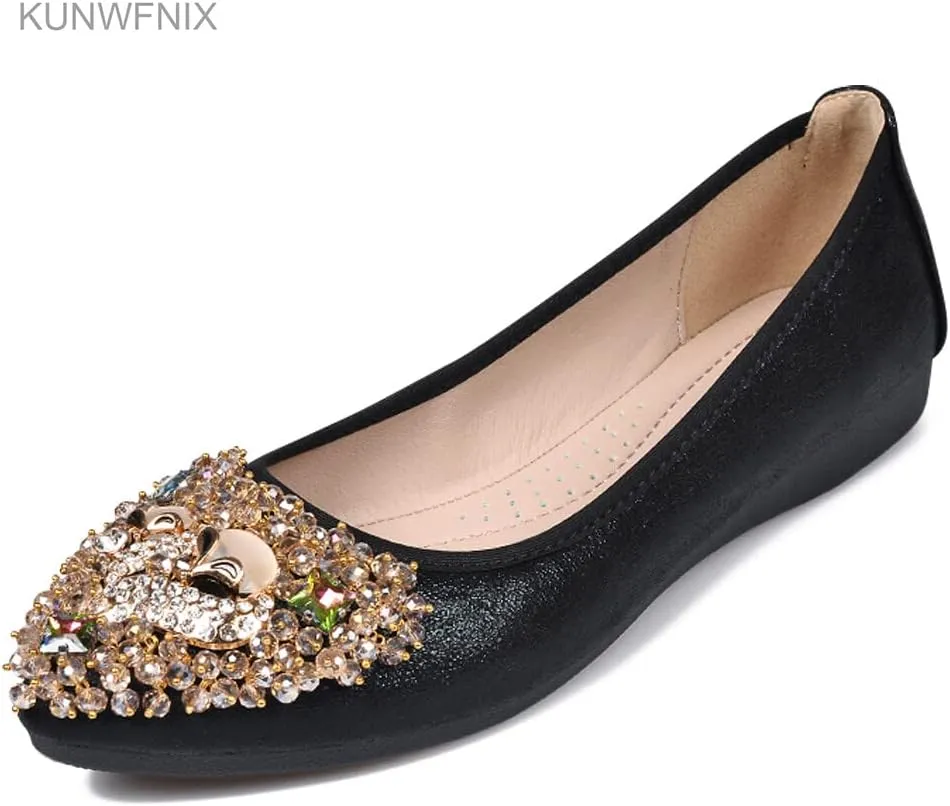 KUNWFNIX Women's Ballet Flats Foldable Classic Crown Rhinestone Slip On Flowers PU Leather Pointed Toe Comfort Flat Casual Dress Shoes