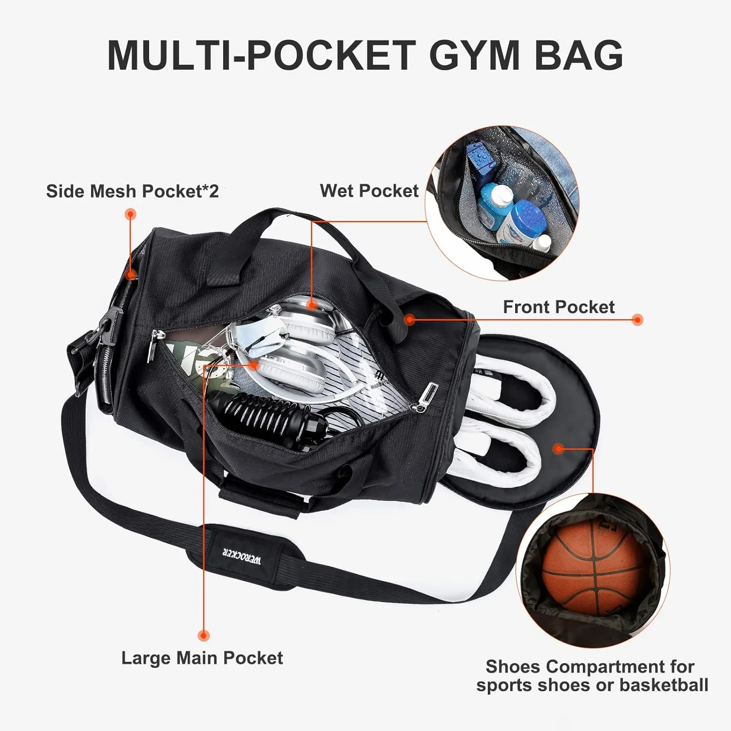 Large Sports Gym Bag for Men Women with Wet Pocket & Shoes Compartment,Travel Duffel Bag
