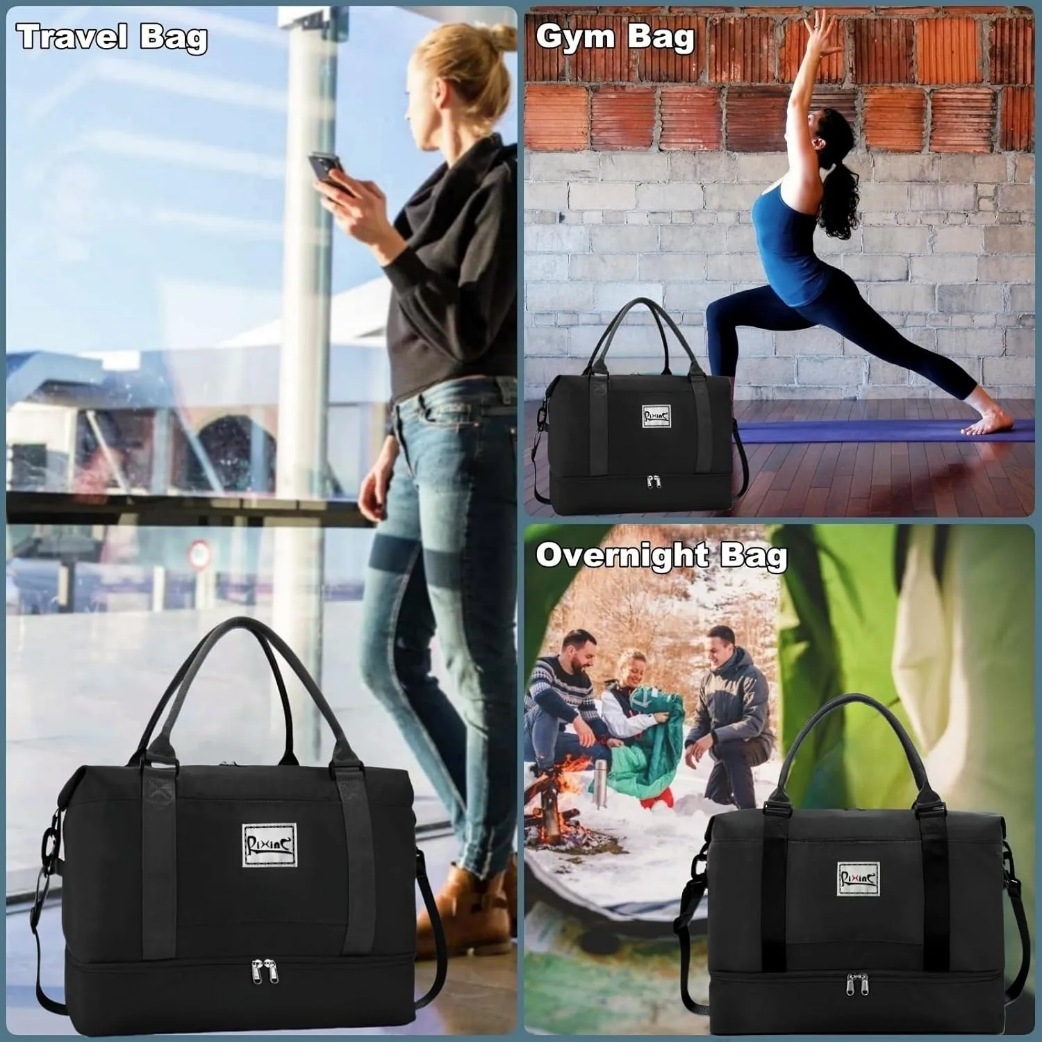 Large Travel Duffle Bag Weekender Bags for Women with Shoes Compartment, Travel Duffel Tote Carry on Overnight Bag for Travel Business Trips, Sport Yoga Gym Bag with Wet Pocket (Black)