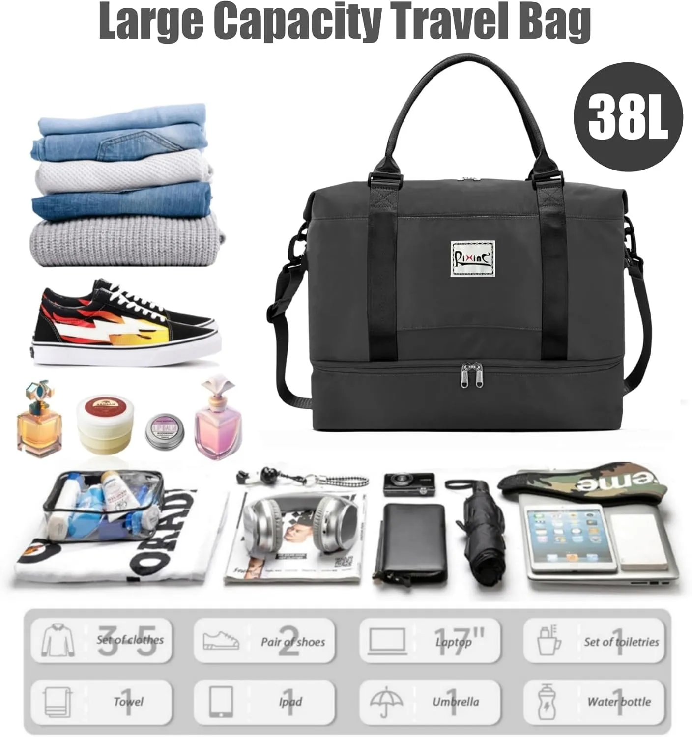 Large Travel Duffle Bag Weekender Bags for Women with Shoes Compartment, Travel Duffel Tote Carry on Overnight Bag for Travel Business Trips, Sport Yoga Gym Bag with Wet Pocket (Black)