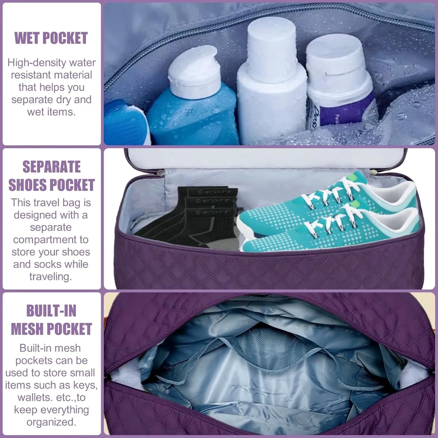 Large Travel Duffle Bag Weekender Bags for Women with Shoes Compartment, Travel Duffel Tote Carry on Overnight Bag for Travel Business Trips, Sport Yoga Gym Bag with Wet Pocket (Dark Purple)
