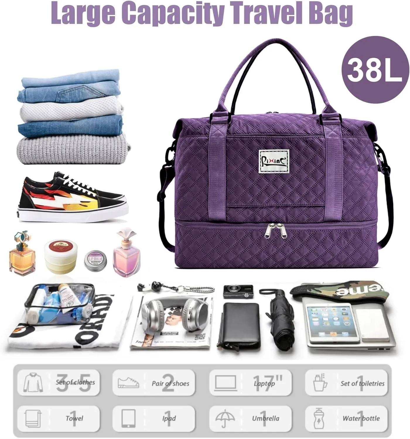 Large Travel Duffle Bag Weekender Bags for Women with Shoes Compartment, Travel Duffel Tote Carry on Overnight Bag for Travel Business Trips, Sport Yoga Gym Bag with Wet Pocket (Dark Purple)