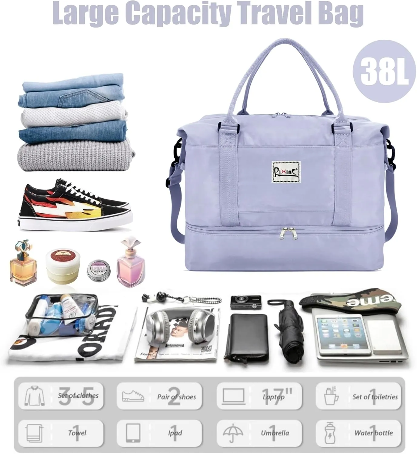 Large Travel Duffle Bag Weekender Bags for Women with Shoes Compartment, Travel Duffel Tote Carry on Overnight Bag for Travel Business Trips, Sport Yoga Gym Bag with Wet Pocket (Grey)