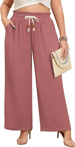 Lastshe Plus Size Wide Leg Pants for Women Elastic High Waisted Drawstring Loose Lounge Long Palazzo Trousers with Pockets