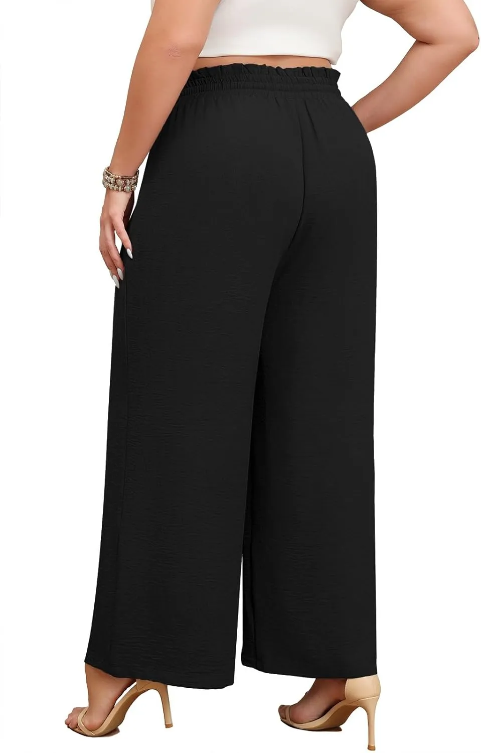 Lastshe Plus Size Wide Leg Pants for Women Elastic High Waisted Drawstring Loose Lounge Long Palazzo Trousers with Pockets