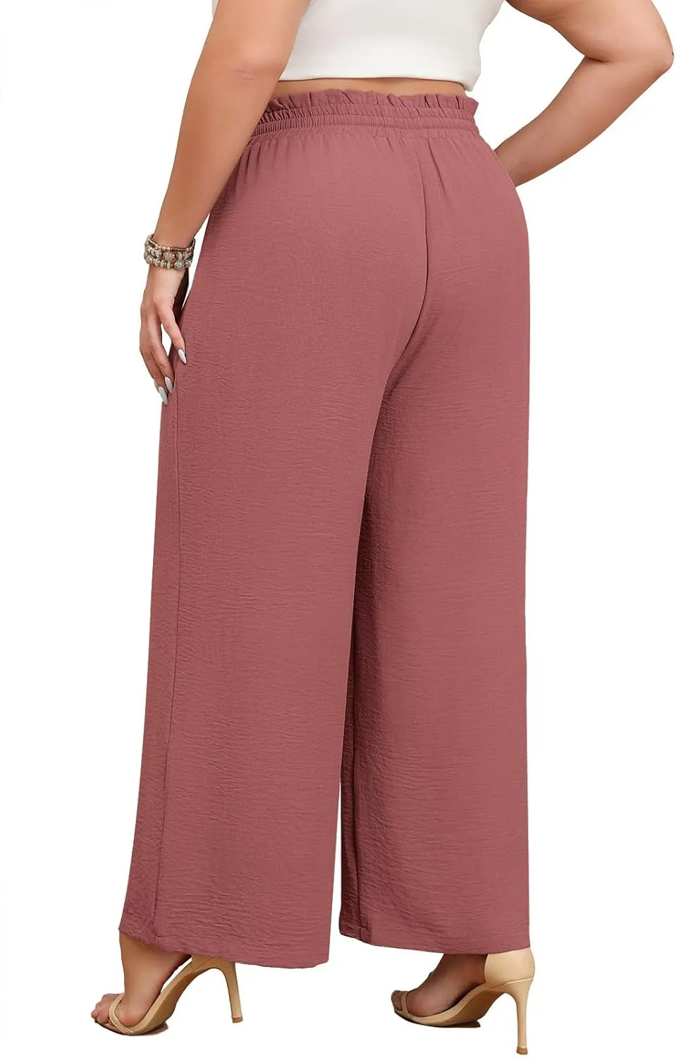 Lastshe Plus Size Wide Leg Pants for Women Elastic High Waisted Drawstring Loose Lounge Long Palazzo Trousers with Pockets