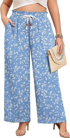 Lastshe Plus Size Wide Leg Pants for Women Elastic High Waisted Drawstring Loose Lounge Long Palazzo Trousers with Pockets