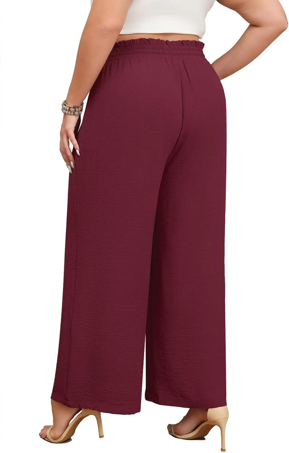 Lastshe Plus Size Wide Leg Pants for Women Elastic High Waisted Drawstring Loose Lounge Long Palazzo Trousers with Pockets