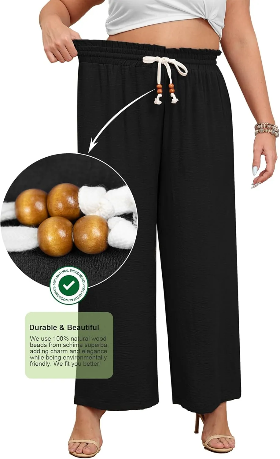 Lastshe Plus Size Wide Leg Pants for Women Elastic High Waisted Drawstring Loose Lounge Long Palazzo Trousers with Pockets