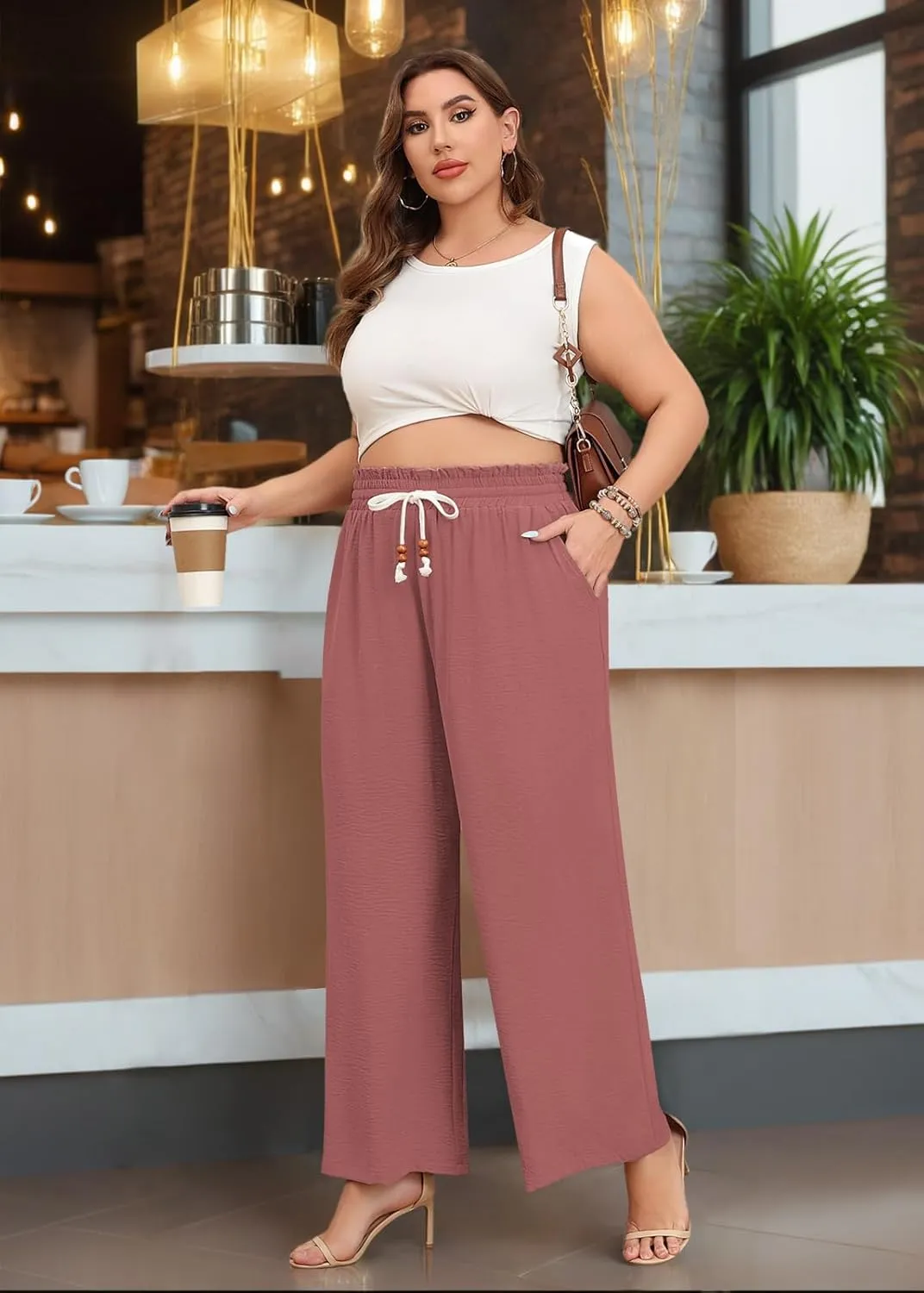 Lastshe Plus Size Wide Leg Pants for Women Elastic High Waisted Drawstring Loose Lounge Long Palazzo Trousers with Pockets