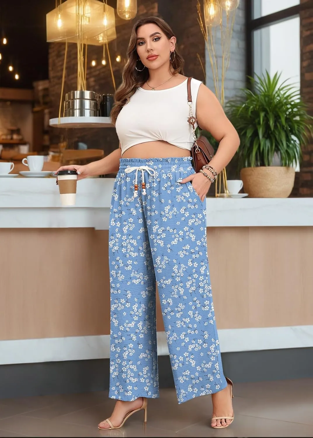 Lastshe Plus Size Wide Leg Pants for Women Elastic High Waisted Drawstring Loose Lounge Long Palazzo Trousers with Pockets