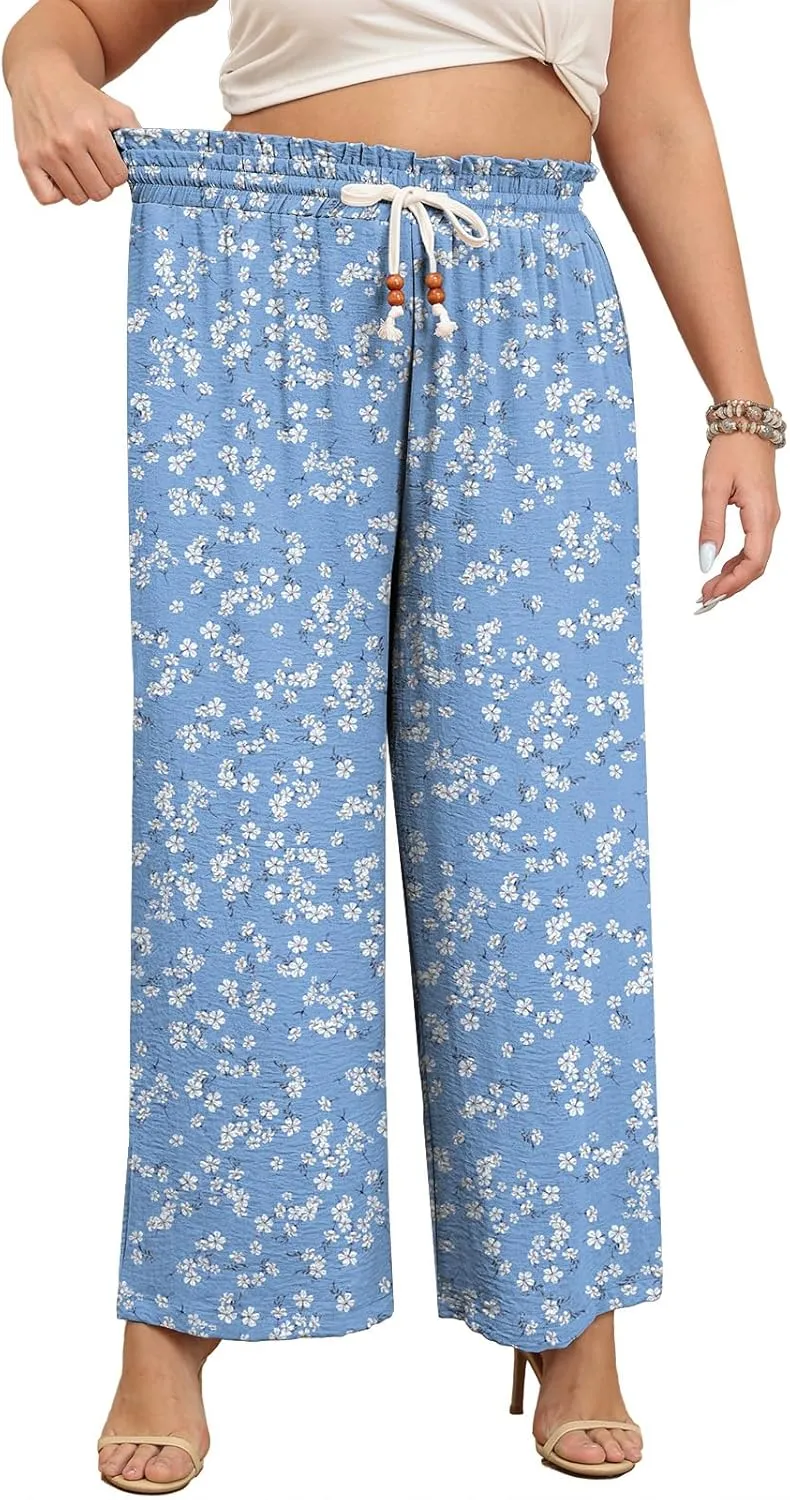 Lastshe Plus Size Wide Leg Pants for Women Elastic High Waisted Drawstring Loose Lounge Long Palazzo Trousers with Pockets
