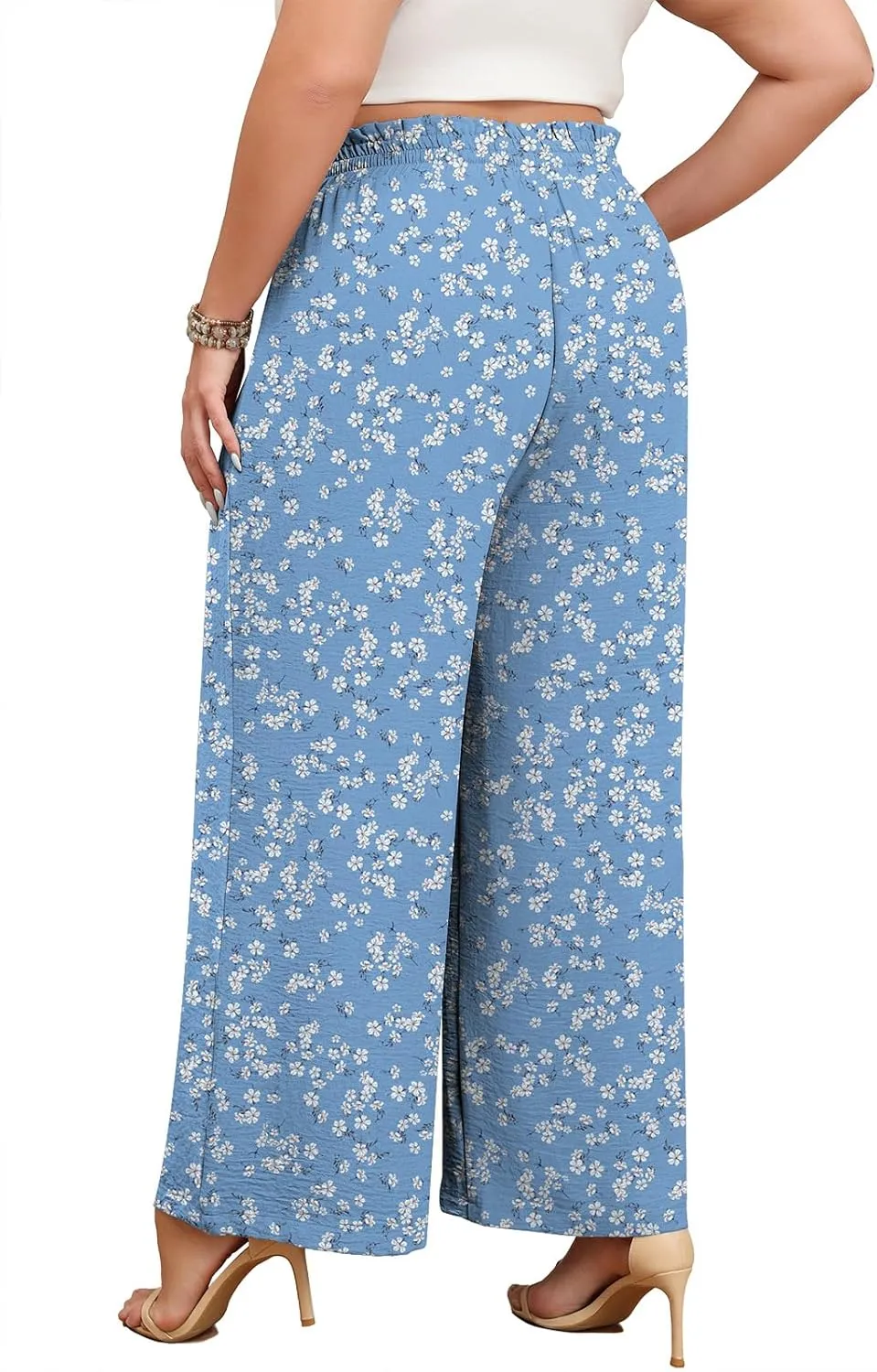Lastshe Plus Size Wide Leg Pants for Women Elastic High Waisted Drawstring Loose Lounge Long Palazzo Trousers with Pockets