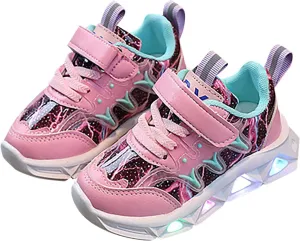 Little Girls Boys Sneakers LED Charged Breathable Soft Sole Strap Collision Color Smooth Reflective Sport Shoes