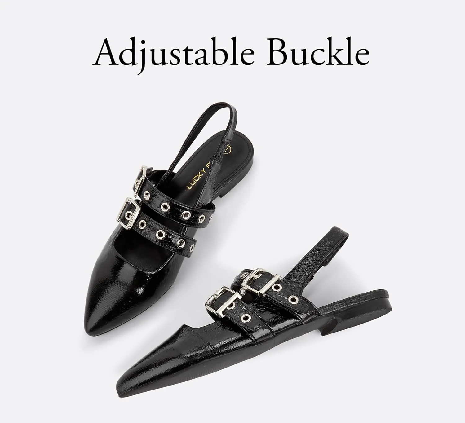 LUCKY STEP Women's Slingback Buckle Flats Ballet Poninted Toe Block Heel Dress Adjustable Strap Mary Jane Formal Wedding Shoes