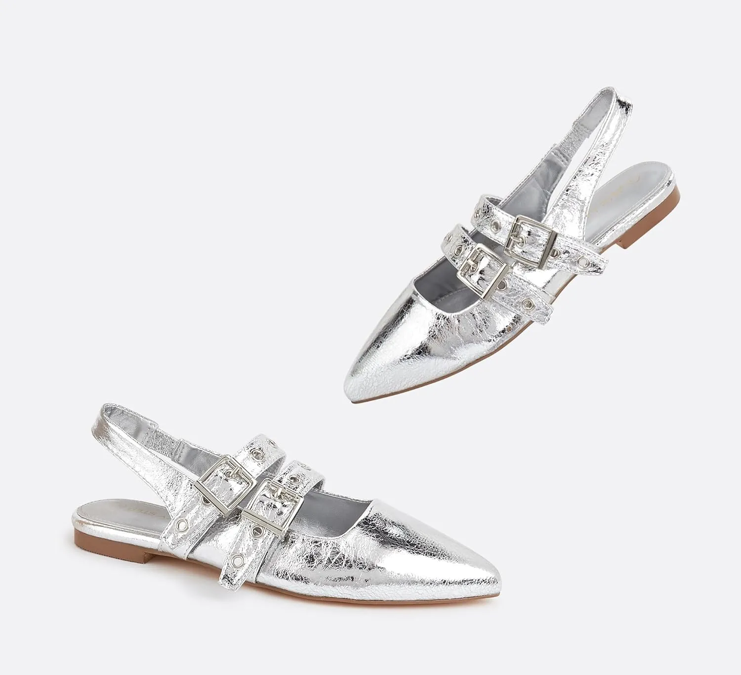 LUCKY STEP Women's Slingback Buckle Flats Ballet Poninted Toe Block Heel Dress Adjustable Strap Mary Jane Formal Wedding Shoes