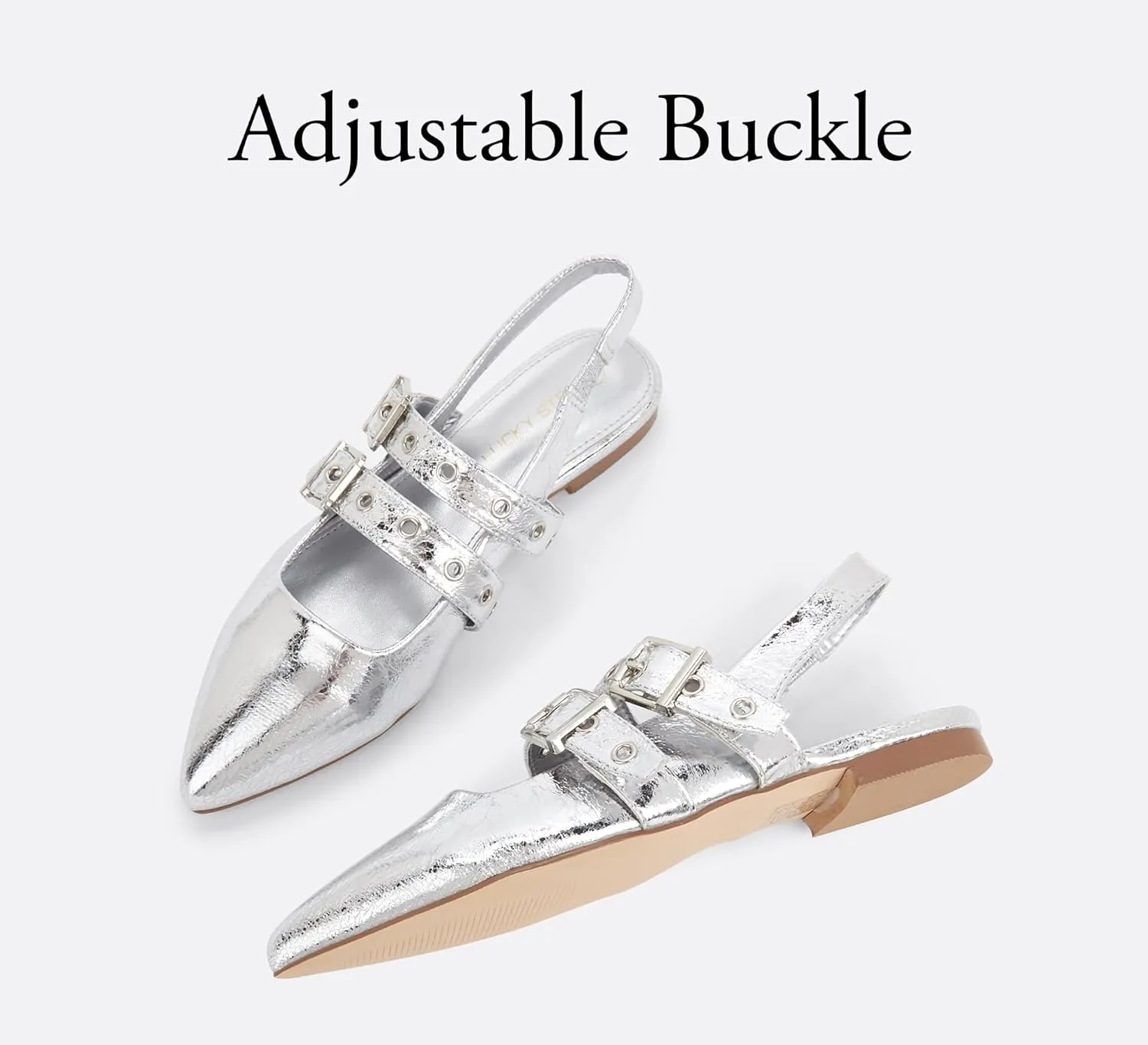 LUCKY STEP Women's Slingback Buckle Flats Ballet Poninted Toe Block Heel Dress Adjustable Strap Mary Jane Formal Wedding Shoes