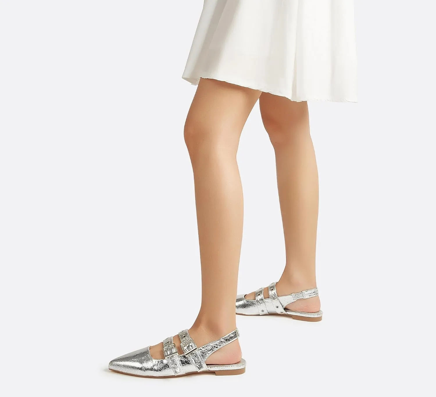 LUCKY STEP Women's Slingback Buckle Flats Ballet Poninted Toe Block Heel Dress Adjustable Strap Mary Jane Formal Wedding Shoes
