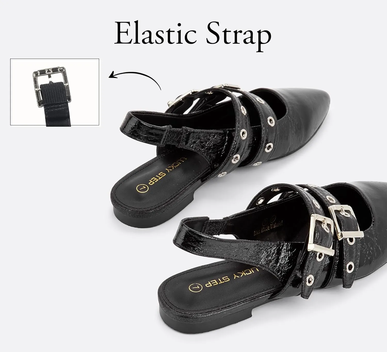 LUCKY STEP Women's Slingback Buckle Flats Ballet Poninted Toe Block Heel Dress Adjustable Strap Mary Jane Formal Wedding Shoes