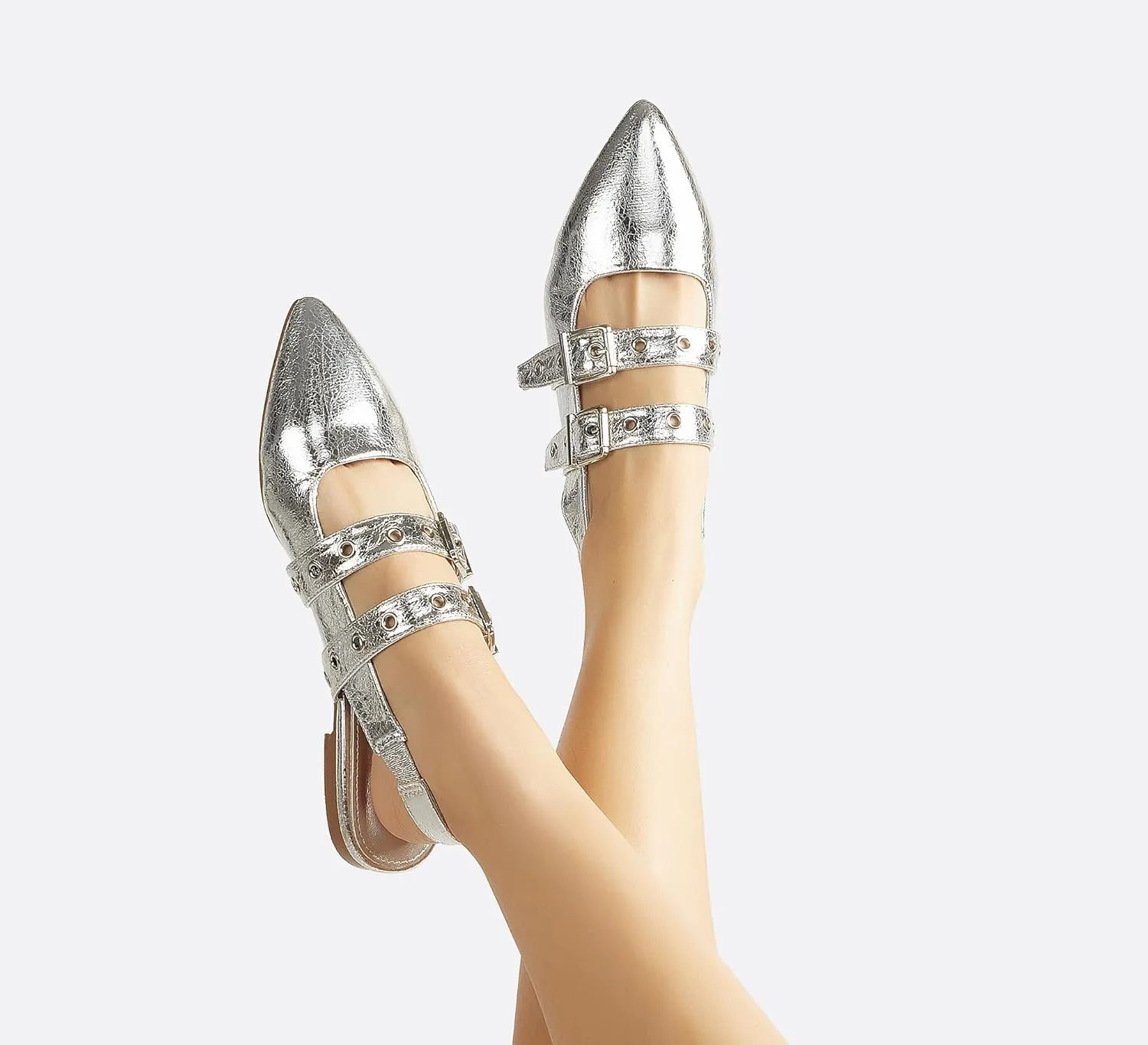LUCKY STEP Women's Slingback Buckle Flats Ballet Poninted Toe Block Heel Dress Adjustable Strap Mary Jane Formal Wedding Shoes