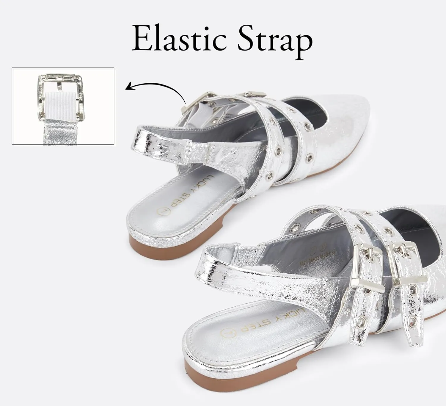 LUCKY STEP Women's Slingback Buckle Flats Ballet Poninted Toe Block Heel Dress Adjustable Strap Mary Jane Formal Wedding Shoes