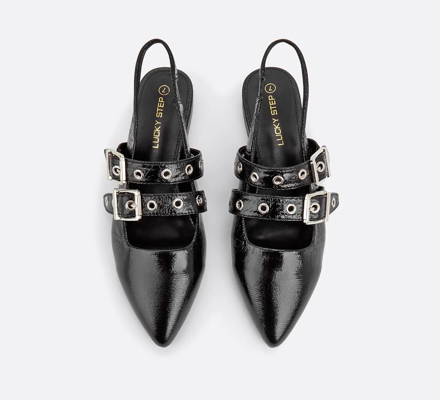 LUCKY STEP Women's Slingback Buckle Flats Ballet Poninted Toe Block Heel Dress Adjustable Strap Mary Jane Formal Wedding Shoes