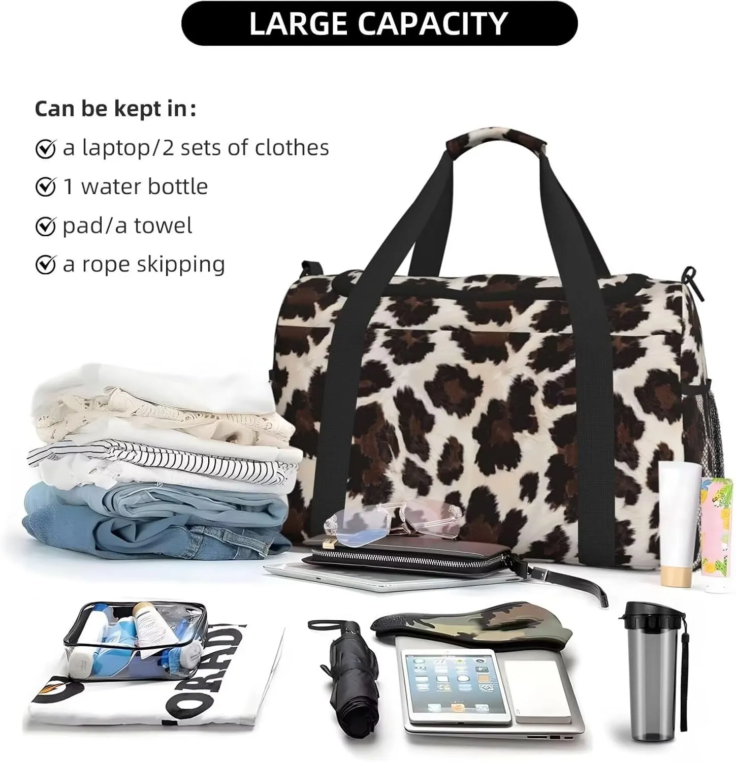 Luggage Bag Cow Cowhide Print Duffel Bag Highland Cow Spot Weekender Bags Workout Overnight Gym Bag for Women with Shoe Compartment, Large Travel Bags for Women Men Travel